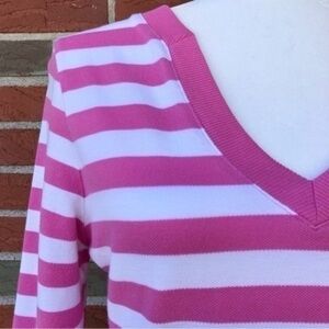 Brooks Brothers 346 V-neck Horizontal Striped 3/4 Sleeve Pink White Dress